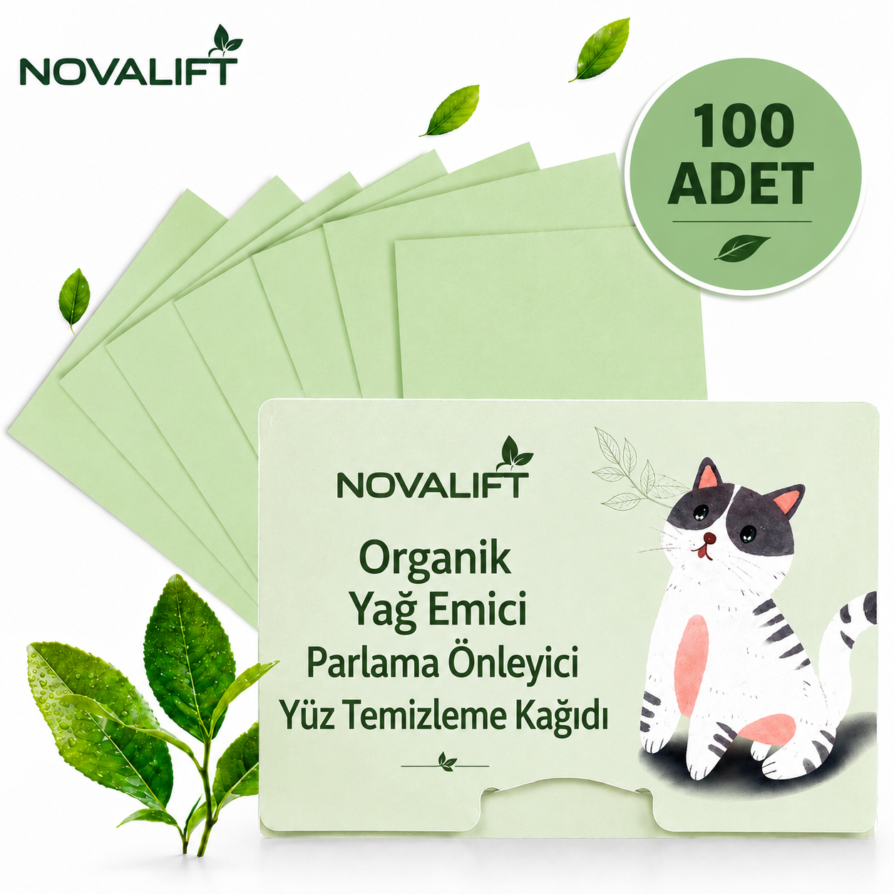 Novalift Organik Yağ Emici ve Parlama Önleyici Yüz Temizleme Kağıdı – 100 Adet
